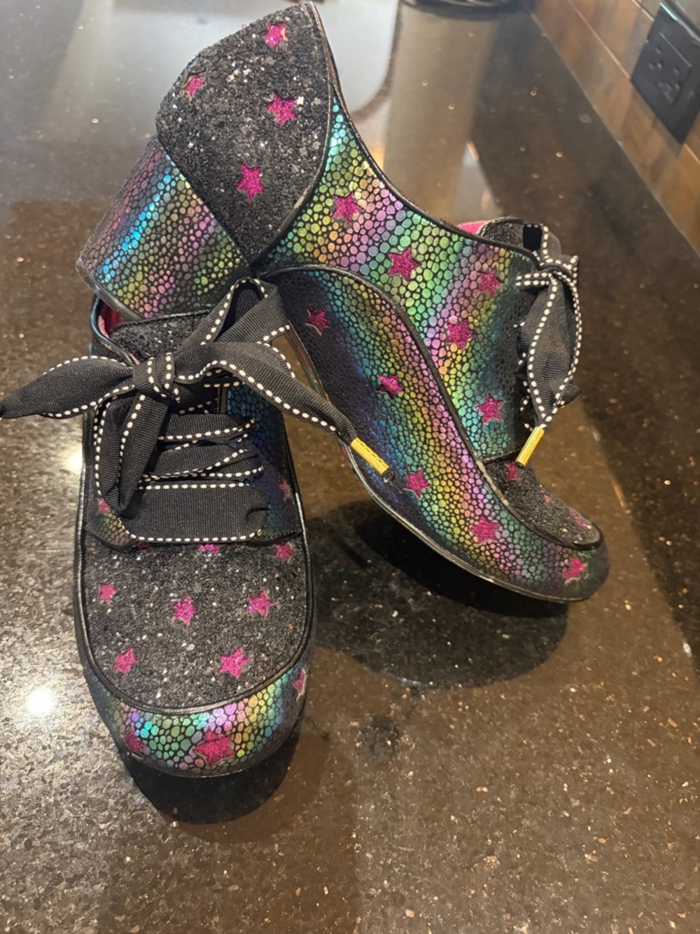 Irregular Choice Black Glitter chunky mid-heel with Rainbow Scale & Pink Stars